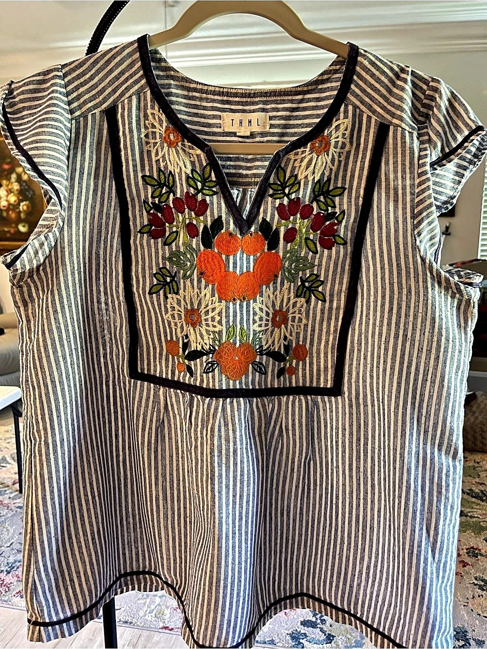THML Striped Embroidered Tunic in Blue & White Size Large